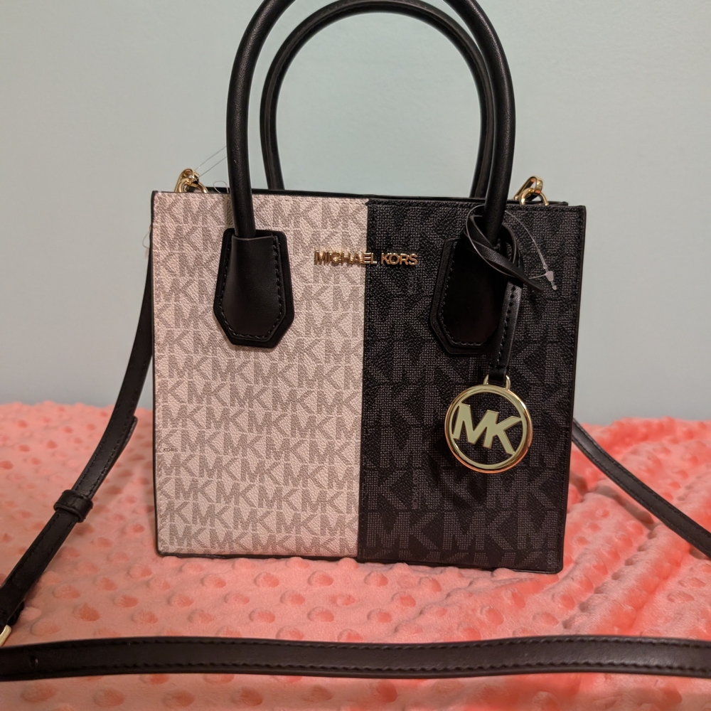 Michael Kors Black and Cream Satchel with Monogram Design